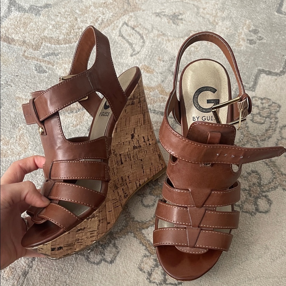 •SOLD• Guess Tan Leather Wedge Sandals